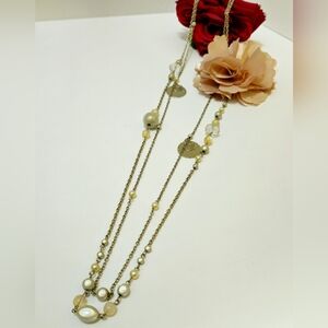 Silver Tone Pink Fabric Flower & Moon Glow Lucite Beaded Double Strand Necklace